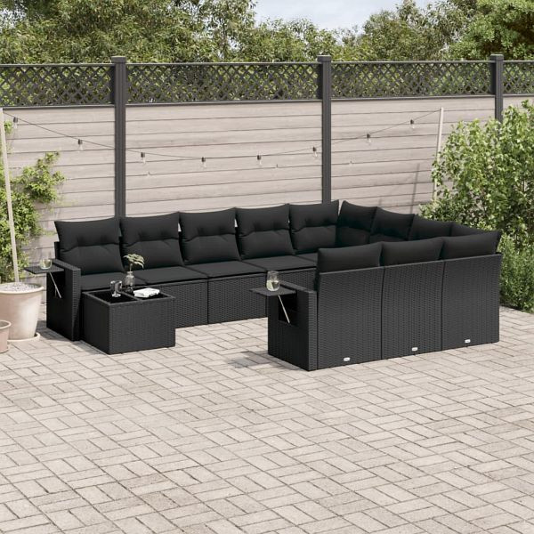 vidaXL 11-teilig Garten-Sofagarnitur mit Kissen Schwarz Poly Rattan, 3253062