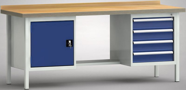KLW Standard-Werkbank - 2000 x 700 x 900 mm L x T x H (ERGO-Version), links Türe 500 mm, rechts 4x125EA, WS202E-2000M40-E7046