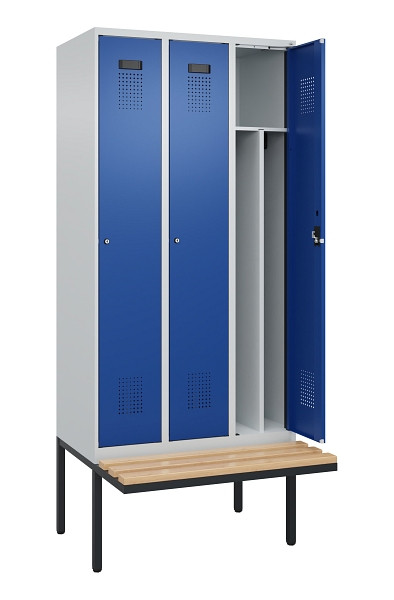 C+P Spind Evolo PLUS, 3 Abteile, 2120x900x815mm, 7035/5010, Haken 4, Zylinderschloss, Sitzfläche Holz, 0490407-30F S10033