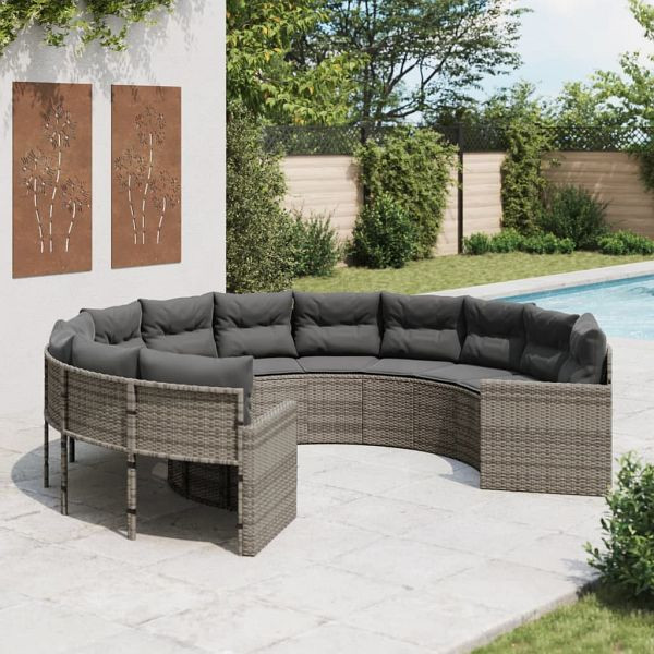 vidaXL Gartensofa mit Kissen Rund Grau Poly Rattan, 3318532