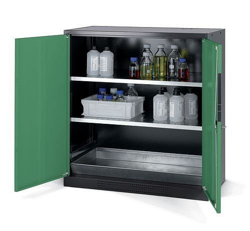 asecos Chemikalienschrank Systema CS-102, Korpus anthrazit, grün, 2 Einlegeböden und Bodenwanne, 202602