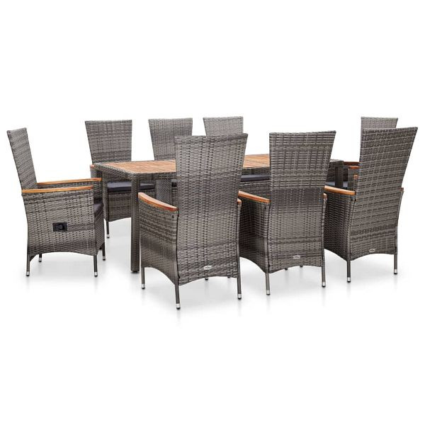 vidaXL 9-teilig Garten-Essgruppe mit Auflagen Poly Rattan Grau, 46041
