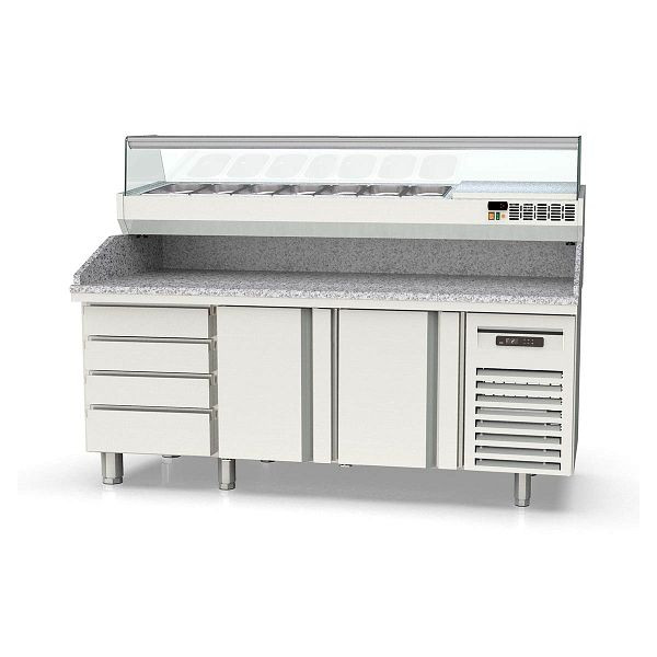 Vaiotec TOPLINE Pizzatisch 800 / 3-fach mit 2 Türen, EN 60x40, Schubladenblock, Granitplatte grau, inkl. Kühlaufsatz, GN 1/4, 2020 mm breit, 11621
