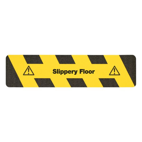 m2 Antirutschbelag Warnmarkierung schwarz/gelb Text "Slippery Floor" Streifen 150x610mm, M11E150610