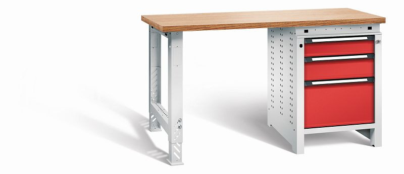 Otto Kind Werkbank function Typ 205, überstehende Multiplex-Arbeitsplatte, 1 Fußgestell, 1 Unterbau, Gehäuse RAL 7035, Front RAL 3000, 072192034