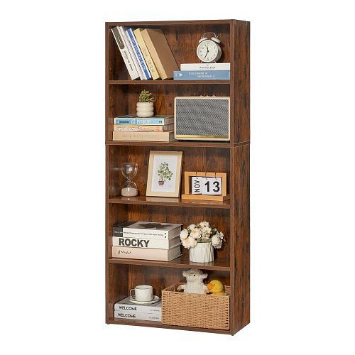 VEVOR schmales Bücherregal, 5 Fächer, höhenverstellbar, 1345 mm hoch, E1 Spanplatte, für Wohnzimmer/Schlafzimmer, Braun, BSSJZFXBHB1LXY2KAV0