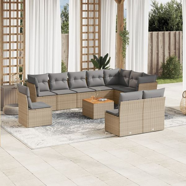 vidaXL 11-teilig Garten-Sofagarnitur mit Kissen Beige Poly Rattan, 3256031