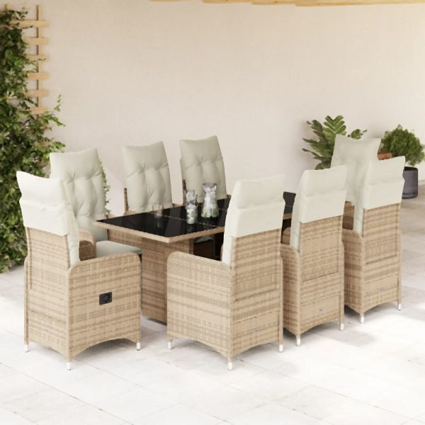 vidaXL 9-tlg. Garten-Bistro-Set mit Kissen Beige Poly Rattan, 3277106
