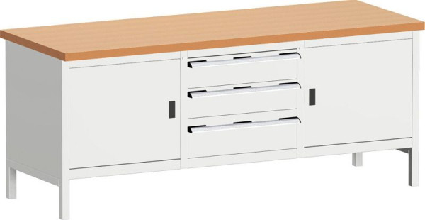 bott cubio Kastenwerkbank mit 3 Schubladen 2 Türen, 2 Ablagen, Rotbuche-Arbeitsplatte BxTxH: 2000 x 750 x 840 mm, RAL 7035, 41002056.16V