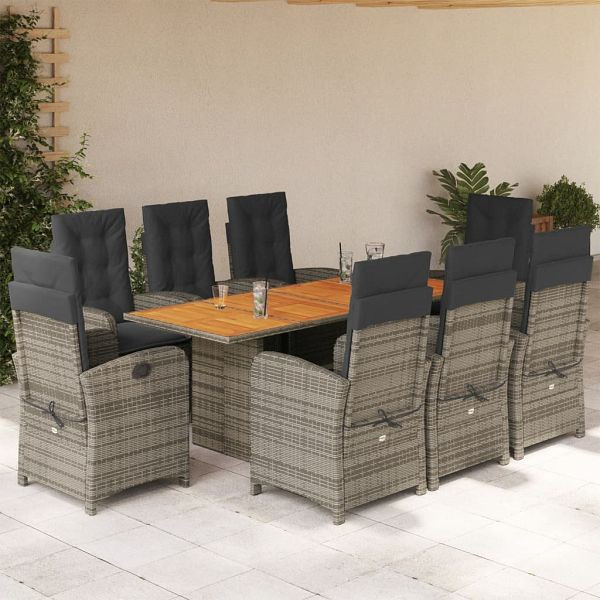 vidaXL 9-teilig Garten-Essgruppe mit Kissen Grau Poly Rattan, 3212279