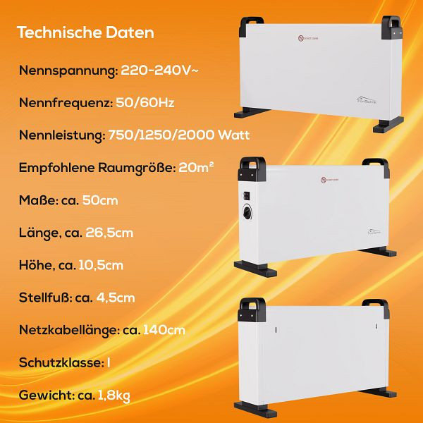 TroniTechnik Elektroheizer, 3 Leistungsstufen 750/1250/2000 W, mobil, Tragegriff, Timer, Thermostatsteuerung, Überhitzungsschutz, freistehend, weiß, 4032