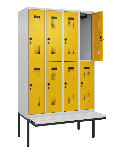 C+P Doppelstock-Spind Evolo PLUS, Bank, 8 Fächer, 2120x1200x815mm, 7035/1004, Drehriegel, Sitzfläche Kunststoff, 0493407-40 S10081