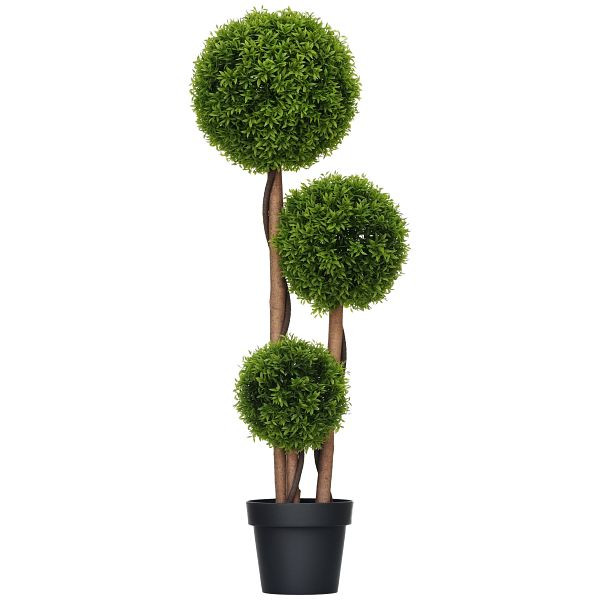 HOMCOM Künstlicher Buchsbaum groß 110cm, UV-beständige Kunstpflanze mit 3 Kugeln für Wohnzimmer Schlafzimmer Büro Garten, 830-795V00GN