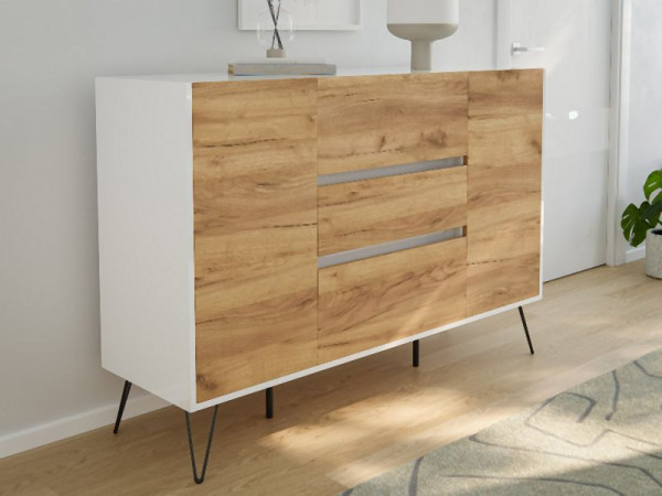Posseik Sideboard Industrial N 140cm 3 Schubladen 2 Türen Weiß/Eiche Front, PN2091X0000034DE