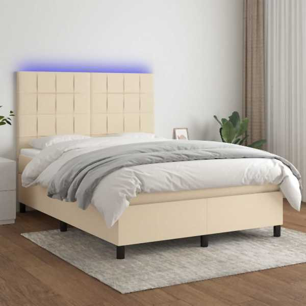 vidaXL Boxspringbett mit Matratze & LED Creme 140x190 cm Stoff, 3134874