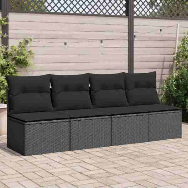 vidaXL Gartensofa mit Kissen 4-Sitzer Schwarz Poly Rattan, UV-beständig, 365965