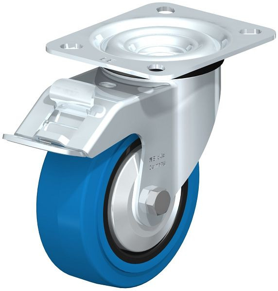 Blickle LE-POEV 100KD-FI-SB-FA Stahlblech-Lenkrolle mit Anschraubplatte & Feststeller, Elastik-Vollgummi, Blau, 749591