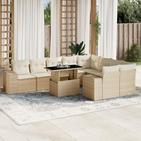 vidaXL 10-teilig Garten-Sofagarnitur mit Kissen Beige Poly Rattan, 3269388