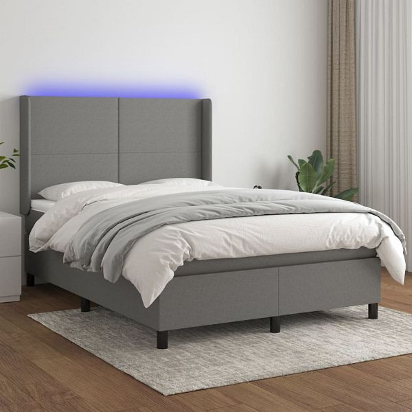 vidaXL Boxspringbett mit Matratze & LED Dunkelgrau 140x200 cm Stoff, 3138158