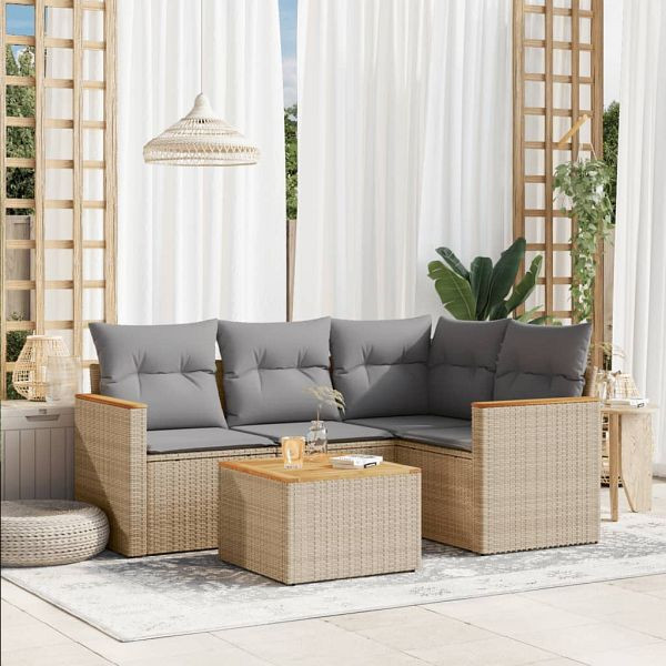 vidaXL 5-teilig Garten-Sofagarnitur mit Kissen Beige Poly Rattan, 3225940
