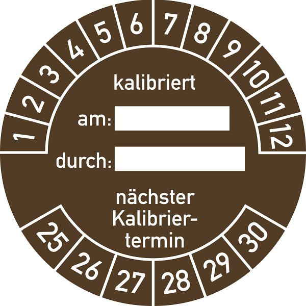 Moedel Prüfplakette kalibriert am: durch: nächster...2025-2030, Folie, Ø 40 mm, VE: 10 Stück/Bogen, 106303