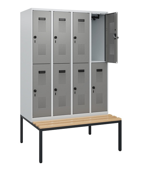 C+P Doppelstöckiger Spind Evolo PLUS, Bank, 8 Fächer, 1950x1200x815mm, 7035/0004, Drehriegel, Sitzfläche Buche-Hartholz, Sitzbank, 0493505-40 S10014