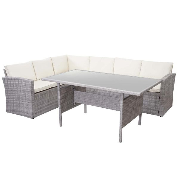 Mendler Poly-Rattan-Garnitur HWC-A29, Gartengarnitur Sitzgruppe Lounge-Esstisch-Set Sofa, hellgrau, Kissen creme, 64382+64383