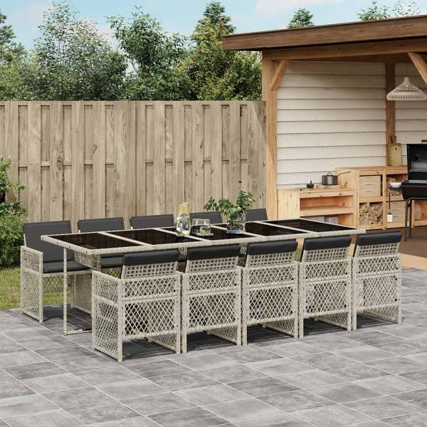 vidaXL 11-tlg. Garten-Essgruppe mit Kissen Hellgrau Poly Rattan, UV-beständig, 3210755