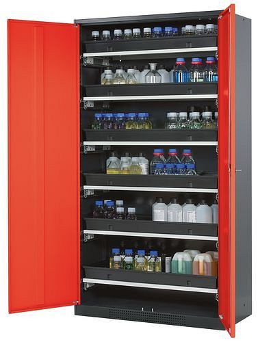 asecos Chemikalienschrank Systema-T CS-106, Korpus anthrazit, Flügeltüren rot, 6 Tablarauszüge, 209088