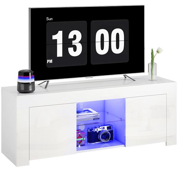 HOMCOM TV Schrank mit LED-Beleuchtung, 2 Schranktüren, Glasregal, Kabellöcher, für Wohnzimmer, Spanplatte, Weiß, 83B-330V90WT