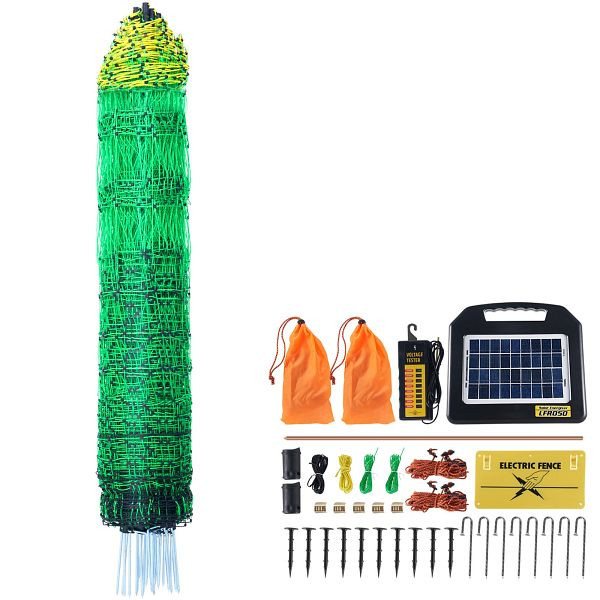 VEVOR Elektrozaunnetz, 1,21 x 30,48 m, PE-Netzzaun mit Solarladegerät/Pfosten/Doppelspitzenpfählen, praktisches tragbares Netz, XXJQWLW48IN14SC1BV9