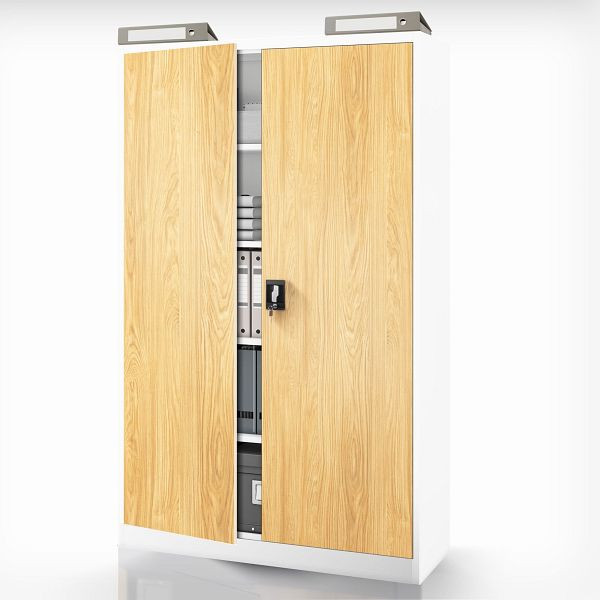 Jan Nowak Metall-Aktenschrank fürs Büro Weiß/ Goldene Eiche: Eco Design JAN II, 1150 x 1850 x 400 mm, 1952