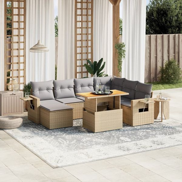 vidaXL 8-teilig Garten-Sofagarnitur mit Kissen Beige Poly Rattan, 3271871