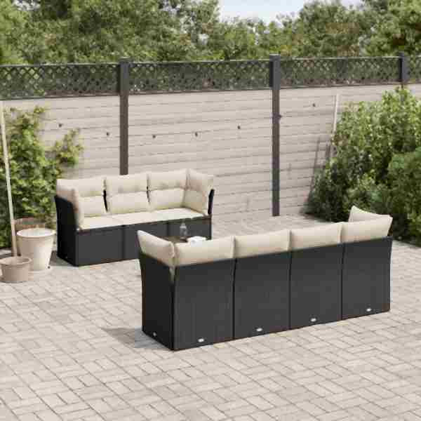 vidaXL 8-tlg. Garten-Sofagarnitur mit Kissen Schwarz Poly Rattan, UV-beständig, 3249115