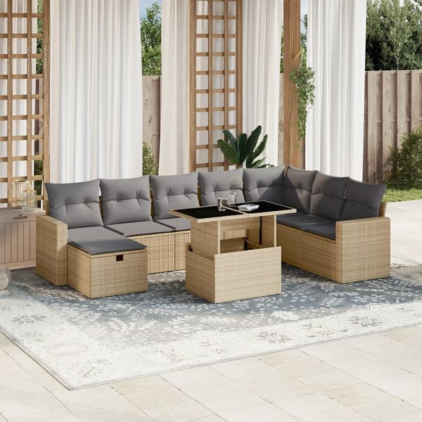 vidaXL 9-teilig Garten-Sofagarnitur mit Kissen Beige Poly Rattan, 3274869