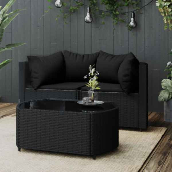 vidaXL 3-tlg. Garten-Lounge-Set mit Kissen Schwarz Poly Rattan, 319791