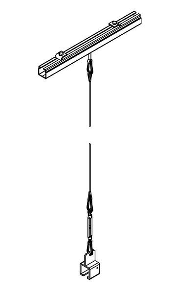 SINOtec Deckenabhängung für C-Profil, mit Stahlseil 6 m, Schienenhalter, Spannpratzen, Seilspanner und C-Profil, 10001485