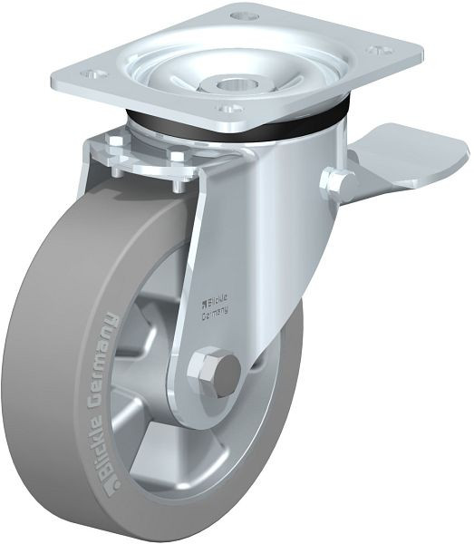 Blickle LK-ALEV 160K-ST-SG Stahlblech-Lenkrolle, schwere Ausführung, mit Anschraubplatte & Feststeller, Elastik-Vollgummi, Grau, 367383