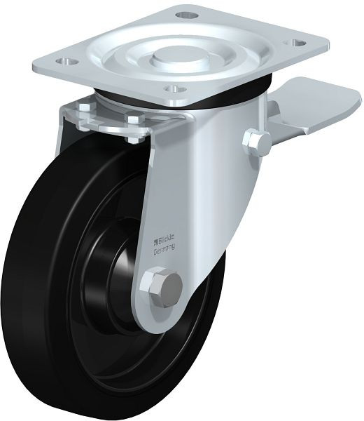 Blickle L-POEV 161KD-ST Stahlblech-Lenkrolle, mittelschwere Ausführung, mit Anschraubplatte & Feststeller, Elastik-Vollgummi, Schwarz, 850599