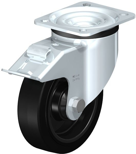 Blickle LK-POEV 125K-1-FI Stahlblech-Lenkrolle, schwere Ausführung, mit Anschraubplatte & Feststeller, Elastik-Vollgummi, Schwarz, 619080