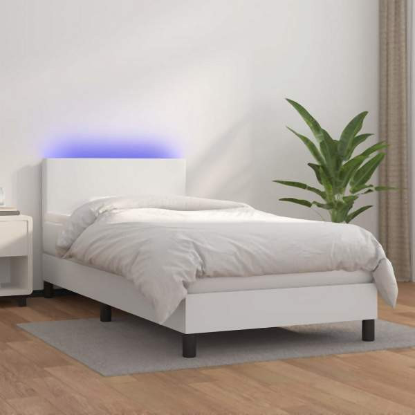 vidaXL Boxspringbett mit Matratze & LED Weiß 90x190 cm Kunstleder, 3134076