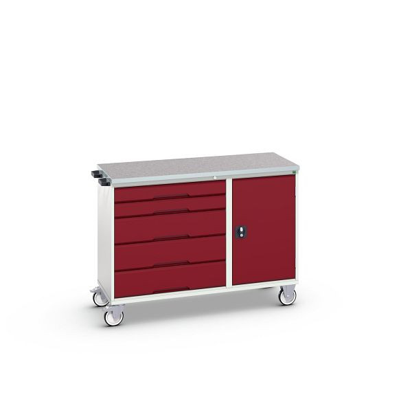 bott verso Montagewagen, mit 5 Schubladen, Tür und Linoleum-Top, BxTxH: 1300 x 600 x 980 mm, Lichtgrau / Purpurrot, 16927150.24