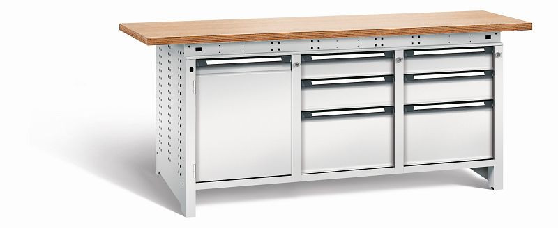 Otto Kind Werkbank Serie function Typ 311, Multiplexplatte 40 mm, überstehend, 2x Unterbau + mittleres Feld, komplett RAL 7035, 072366217