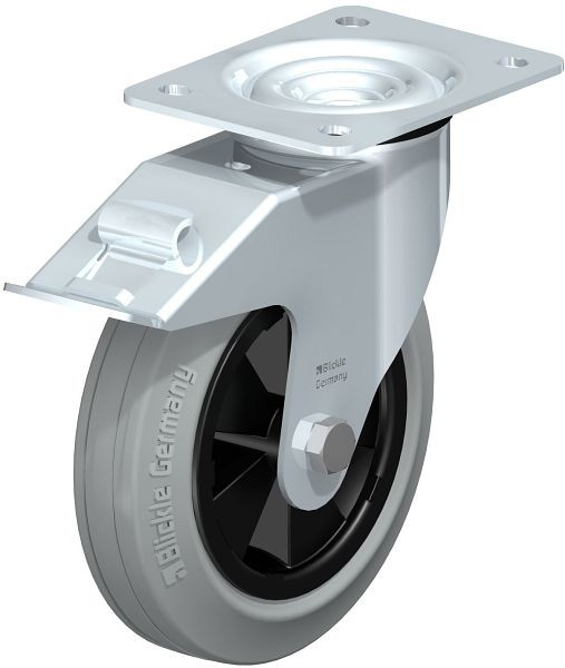 Blickle LE-VPP 180G-FI-SG Stahlblech-Lenkrolle mit Anschraubplatte & Feststeller, Vollgummi, Grau, 615260