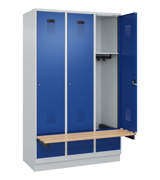 C+P Spind Evolo PLUS, 3 Abteile, 1950x1200x815mm, 7035/5010, Zylinderschloss, Sitzfläche Holz, mit Sockel, 049040-32 S10033