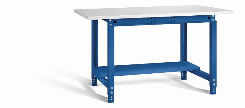 Otto Kind Werktisch allrounder, höhenverstellbar, Melamin-Platte 28 mm, überstehend, 2 Fußgestelle, Stahlblechboden, komplett RAL 5010, 072334013
