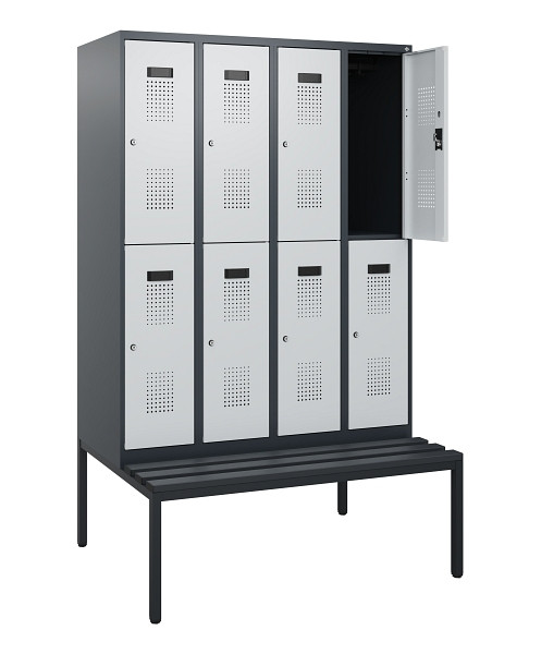 C+P Doppelstöckiger Spind Evolo PLUS, Bank, 8 Fächer, 1950x1200x815mm, 7016/7035, Zylinderschloss, Sitzfläche Kunststoff, Sitzbank, 0493505-40 S10152