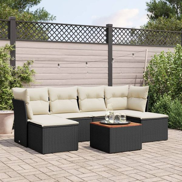 vidaXL 7-tlg. Garten-Sofagarnitur mit Kissen Schwarz Poly Rattan, 3223767