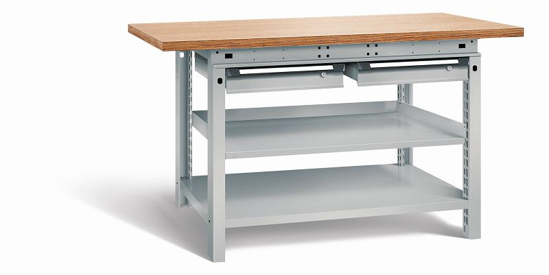 Otto Kind Werkbank Serie function Typ 209, Multiplexplatte 40 mm, überstehend, 2 Schubladen 120 mm, komplett RAL 9006, 072339296