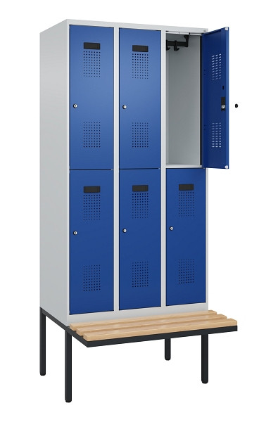 C+P Doppelstock-Spind Evolo PLUS, Bank, 6 Fächer, 2120x900x815mm, 7035/5010, Zylinderschloss, Sitzfläche Buche-Hartholz, 0493407-30 S10033